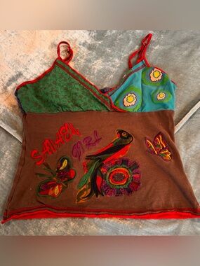 Embroidered Brown Floral & Teal Patchwork Cami Top